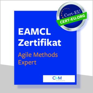 Blaue Box auf weißem Hintergrund mit dem EAMCL Zertifikat in Agile Methods Training Expert (Stufe 3)