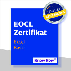 Blaue Box auf weißem Hintergrund mit dem EOCL Zertifikat in Excel Basic Onlinekurs