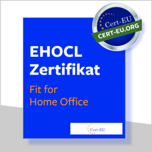 Blaue Box auf weißem Hintergrund mit dem EHOCL Zertifikat European Home Office Competence Licence