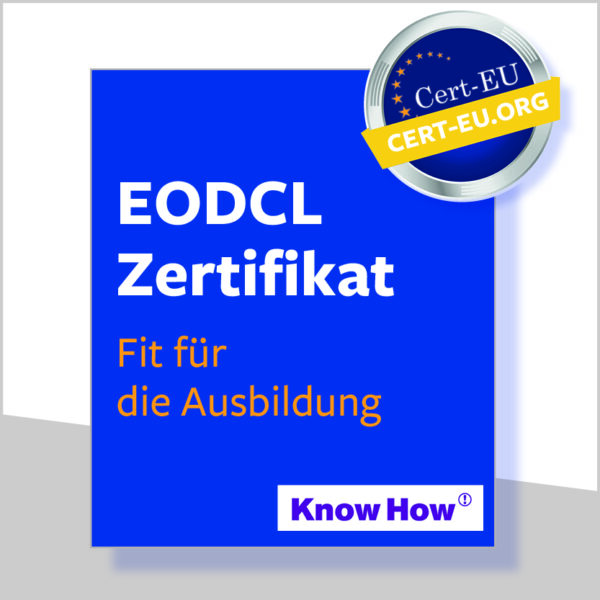 Blaue Box auf weißem Hintergrund mit dem EODCL Zertifikat in Fit für die Ausbildung