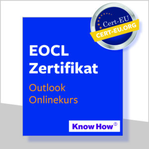 Blaue Box auf weißem Hintergrund mit dem EOCL Zertifikat in Outlook Onlinekurs