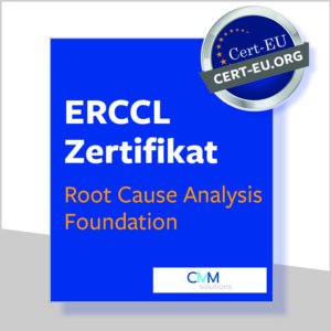 Blaue Box auf weißem Hintergrund mit dem ERCCL Zertifikat in Root Cause Analysis Training Foundation (Stufe 1)