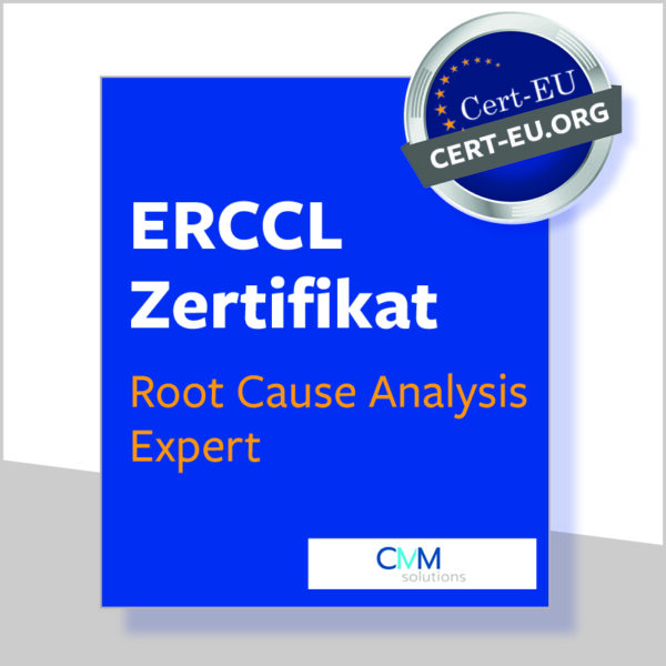 Blaue Box auf weißem Hintergrund mit dem ERCCL Zertifikat in Root Cause Analysis Training Expert (Stufe 3)