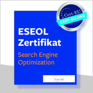 Blaue Box auf weißem Hintergrund mit dem ESEOL Zertifikat European Search Engine Optimization Licence