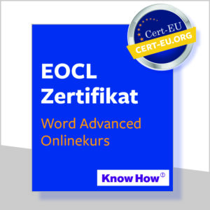 Blaue Box auf weißem Hintergrund mit dem EOCL Zertifikat in Word Advanced Onlinekurs