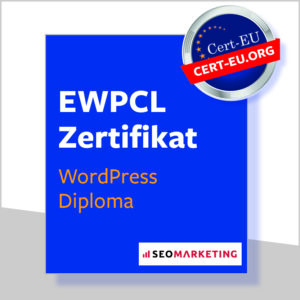 Blaue Box auf weißem Hintergrund mit dem EWPCL Zertifikat in WordPress (1) Einzeltraining Zertifikat Anfänger